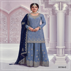 Women’s Heavy Chinon Embroidered Sharara Suit Set with Dupatta